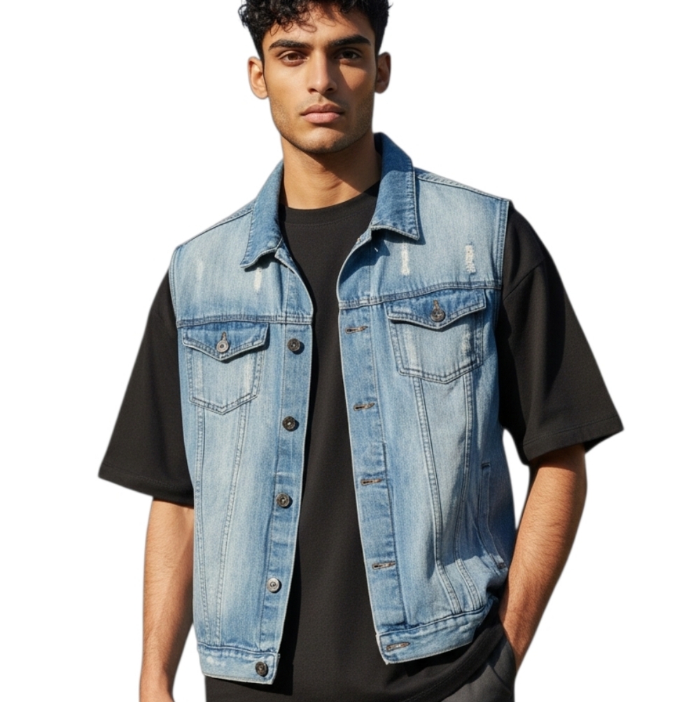 🦜 2/$10 Evolution In Design Distressed Blue Denim Men's Jacket. Large.